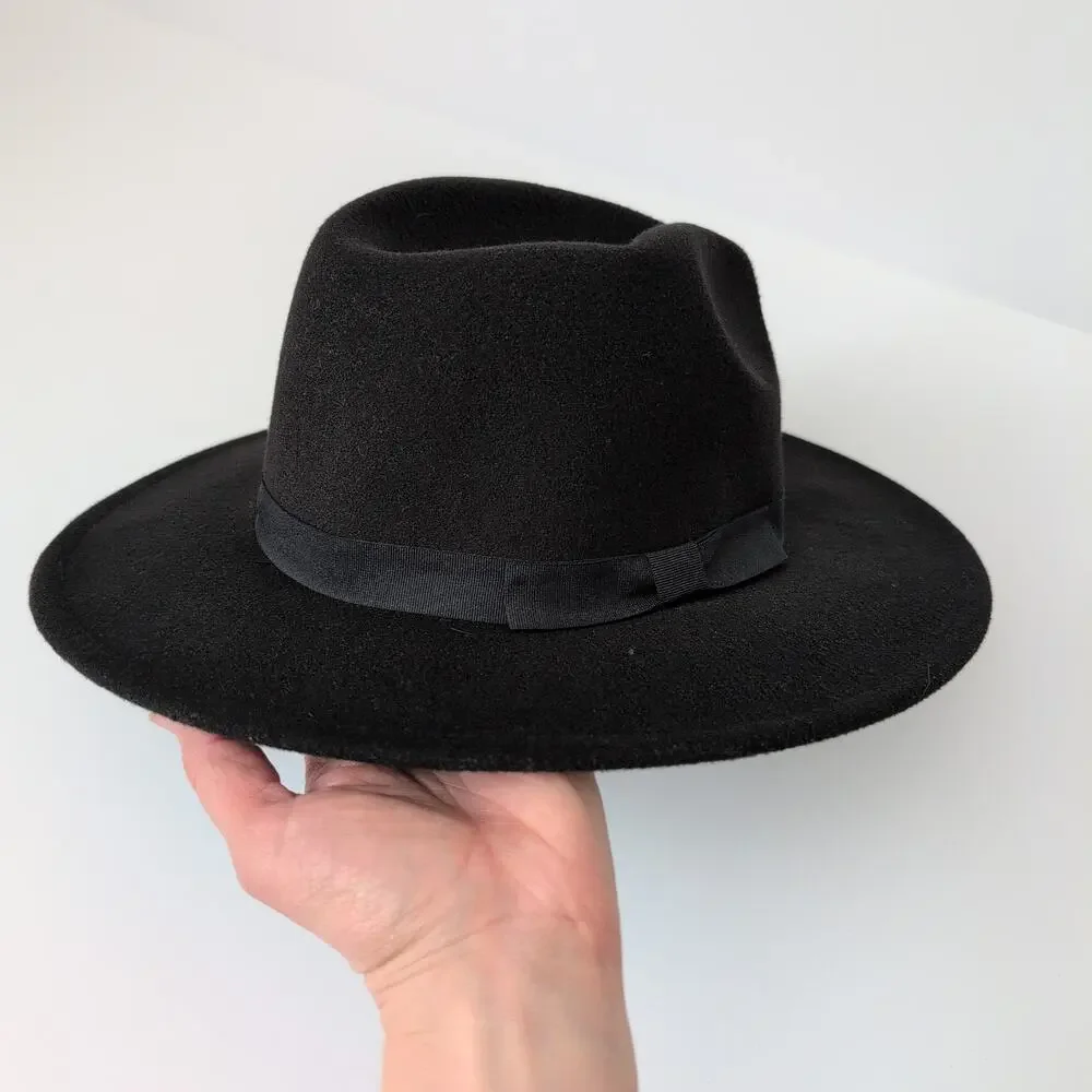 Abercrombie & Fitch Black Hat Womens Felted Wide Brim Fedora Rancher Panama EUC